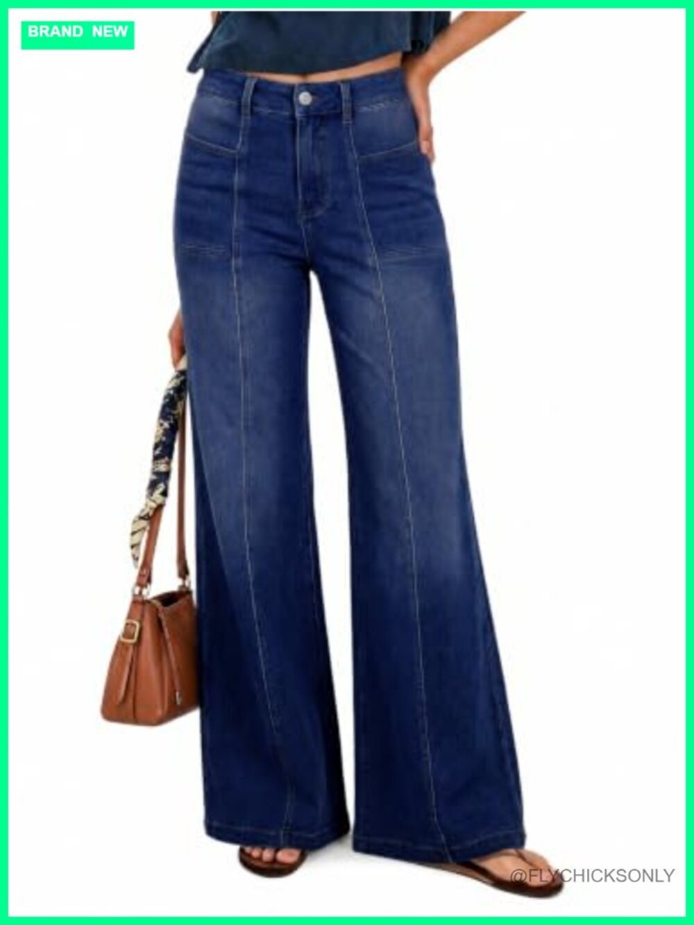 Wide Leg High Waisted Flared Stretch Knit Denim Jeans with Pockets